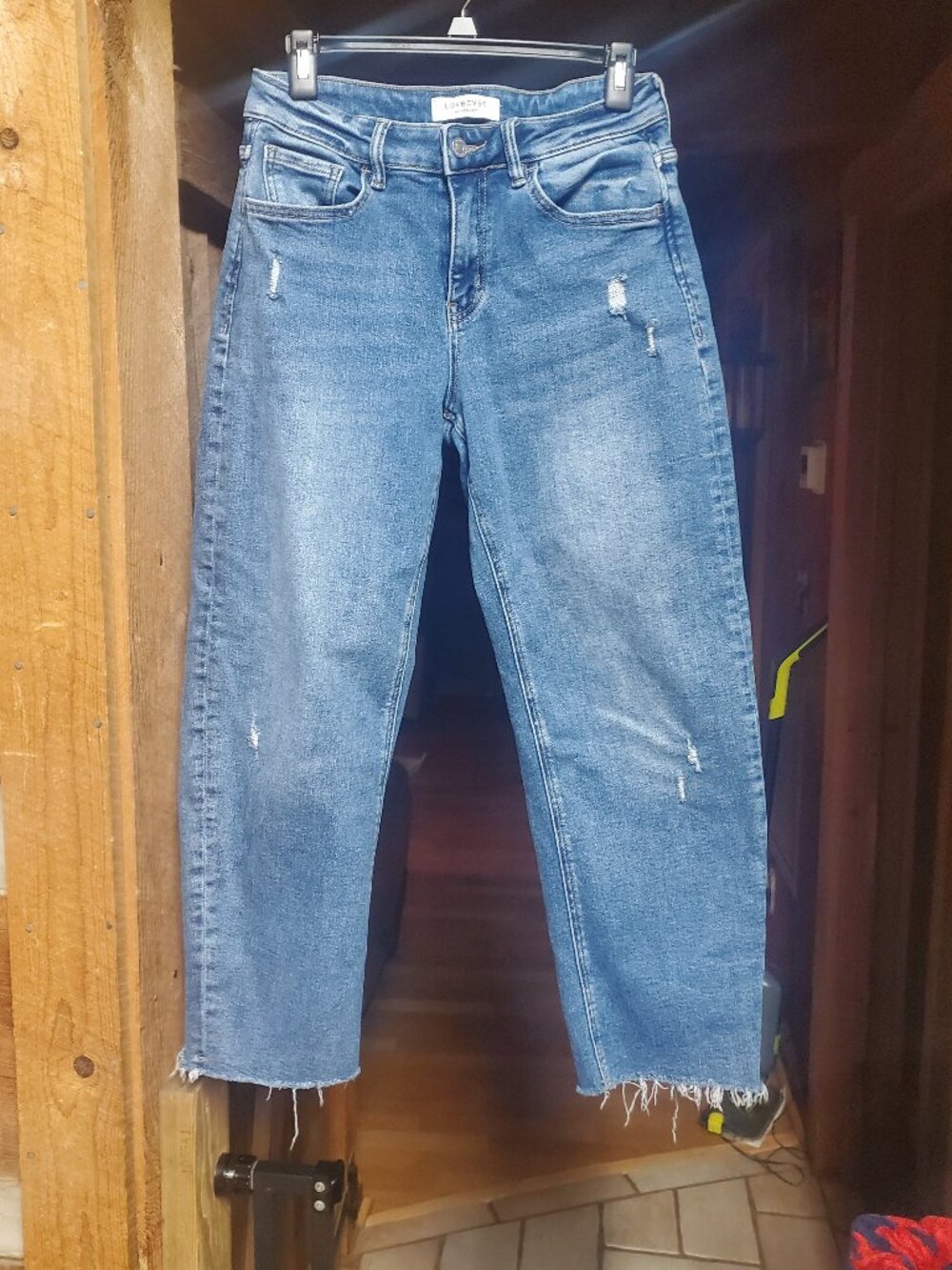 Lovervet by Vervet High Rise Barrel Leg Distressed Jeans Raw Hem Crop